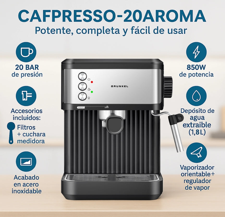 Cafetera Espresso Grunkel CAFPRESSO20AROMA, 20bar